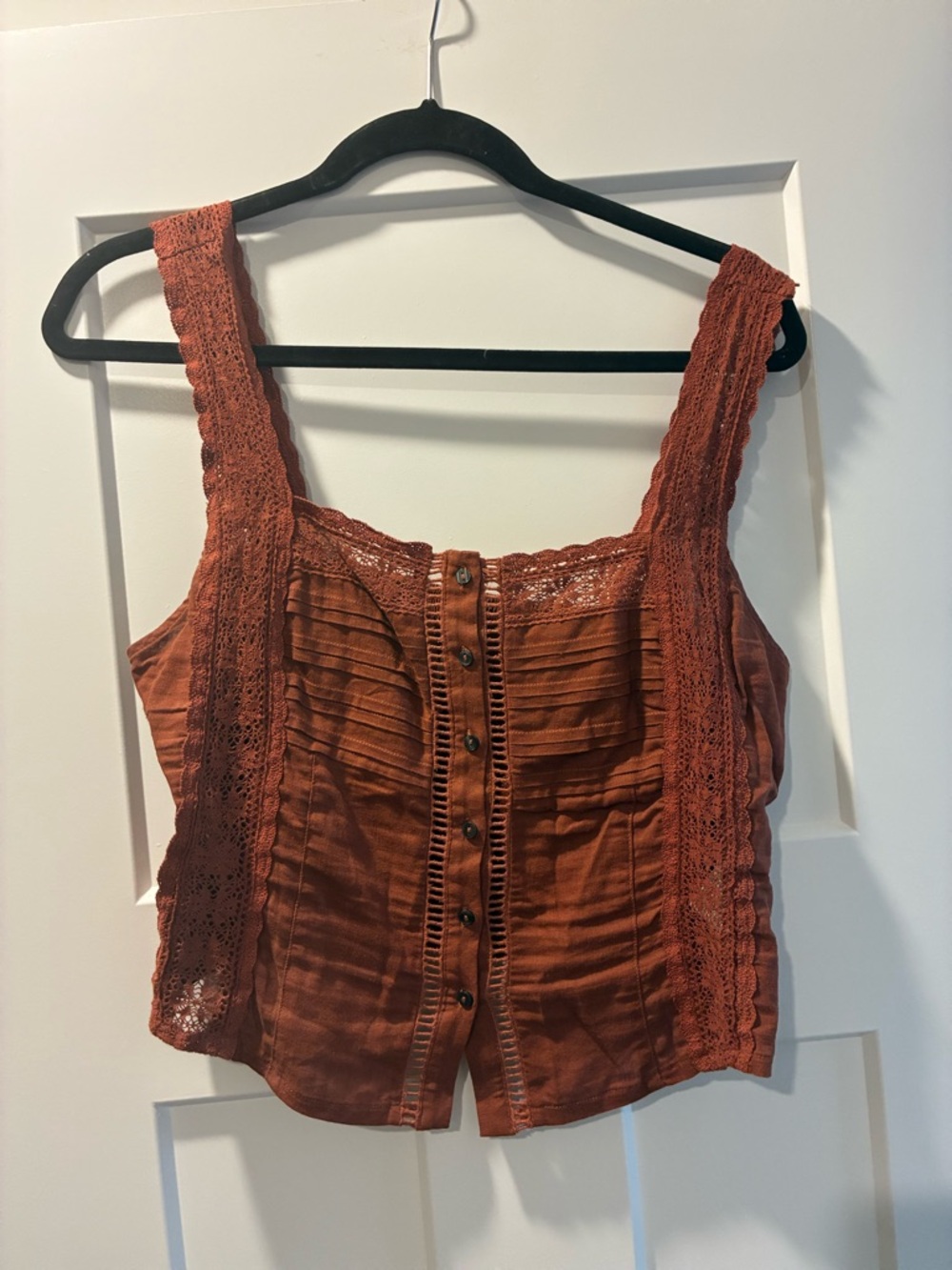 Free People Rust Lace-Trim Button Crop Top